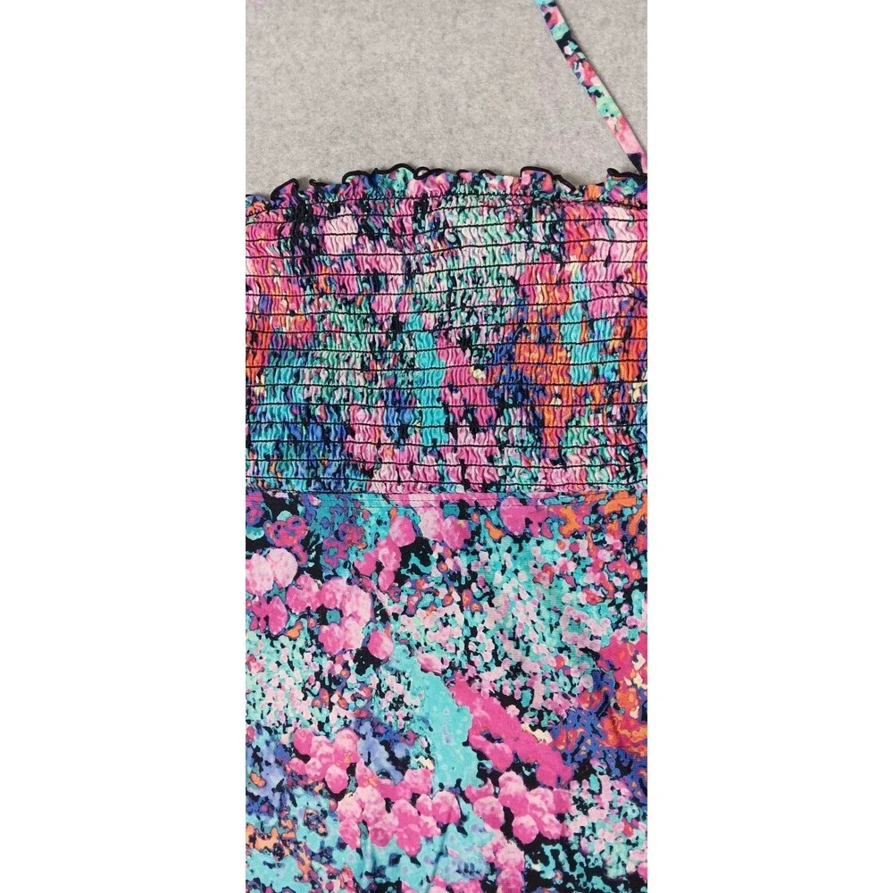 Kenneth Cole Reaction Bandeau Tankini Top L Watercolor Halter Smocked Swimsuit